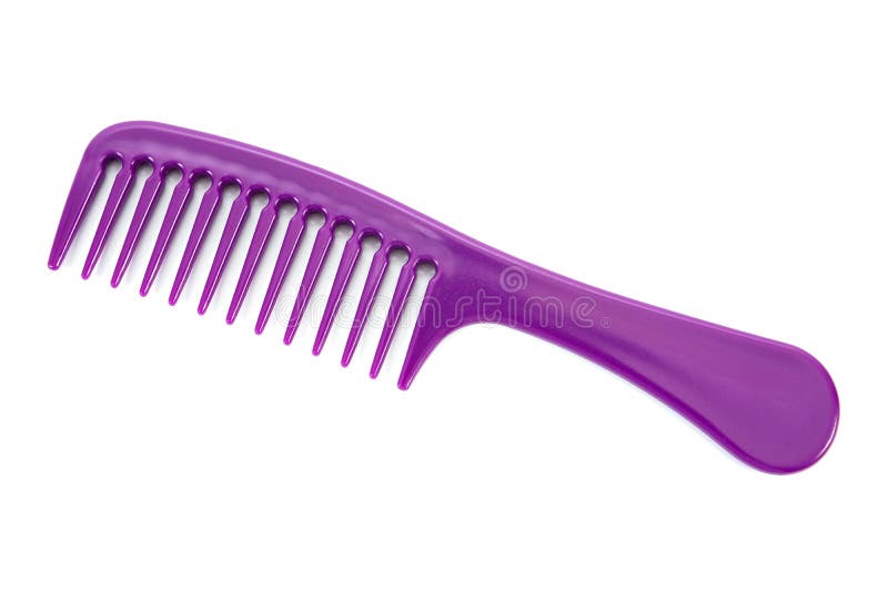 Beautiful woman hair comb isolated on white background. Purple hairbrush isolated. On white