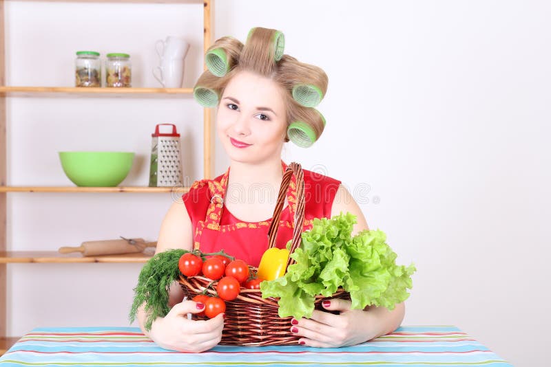 Beautiful Woman with Hair Curlers in the Kitchen Stock Image Image of