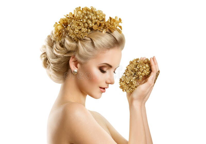 Beautiful Woman Hairstyle Gold Crown, Fashion Girl Holding Golden Jewelry Perfume on White