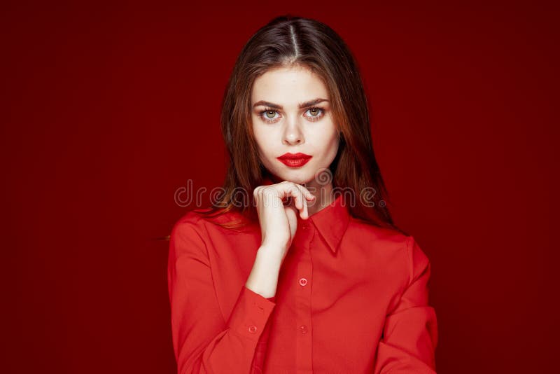 Beautiful Woman Hairstyle Makeup Red Shirt Model Stock Photo - Image of ...