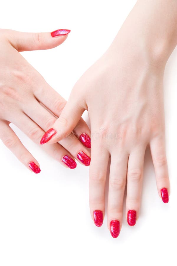 Beautiful woman hands with red nails stock photography