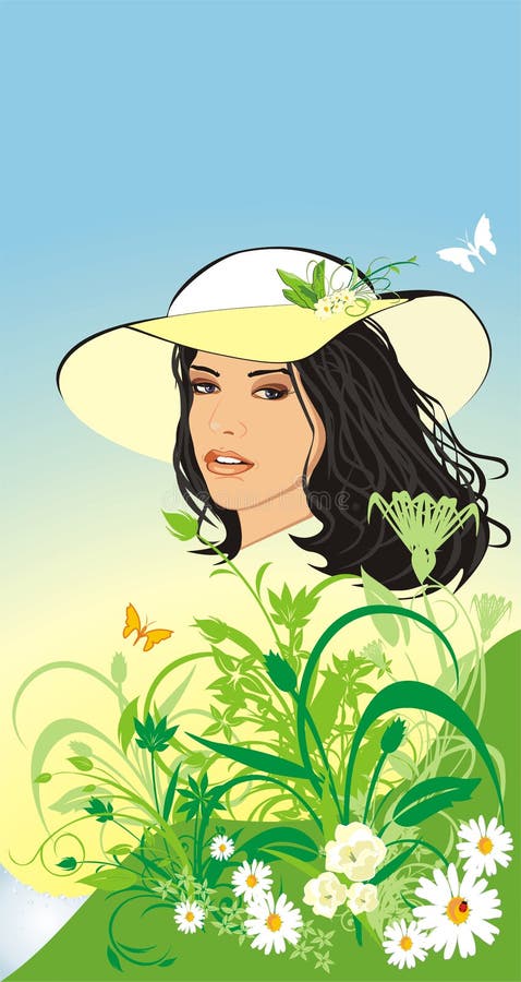 Beautiful woman in a hat among flowers