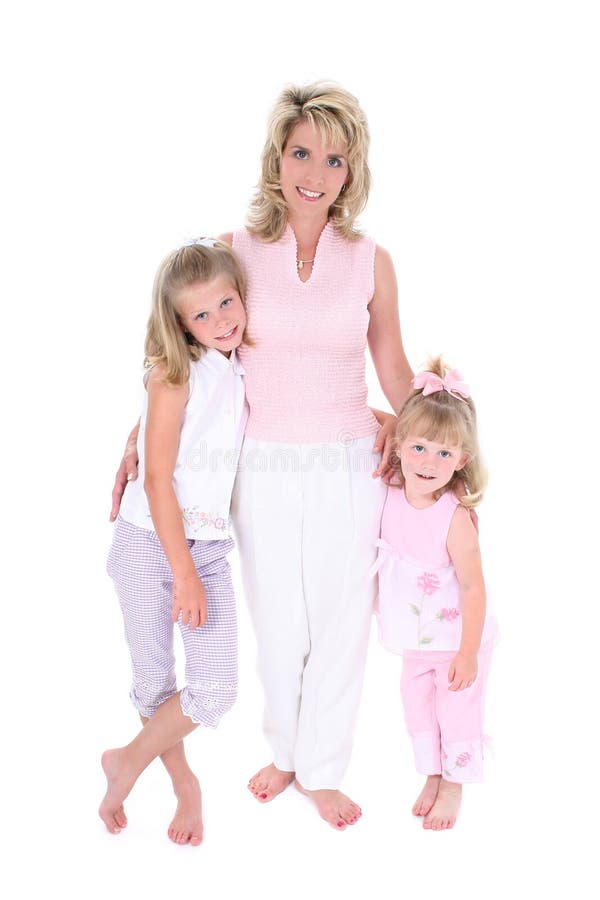 Beautiful Woman With Her Daughters Over White