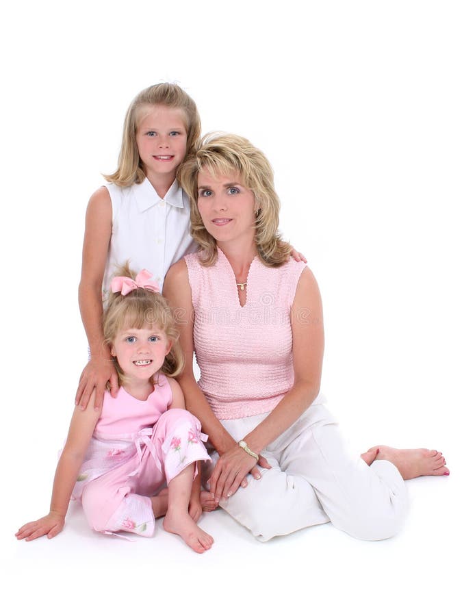 Beautiful Woman With Her Daughters Over White