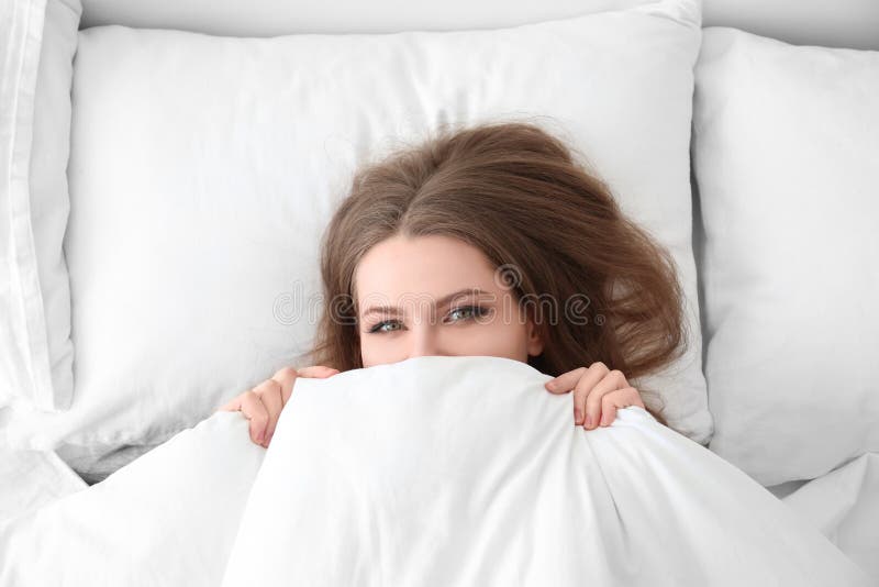 Woman Hiding Face On The Bed Stock Photo Image Of Covering