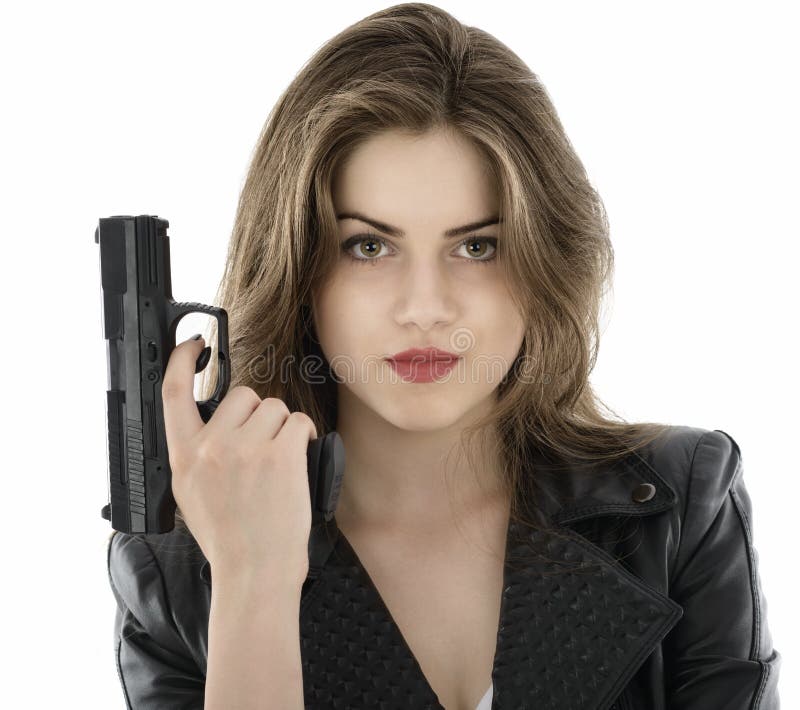 Beautiful Woman Holding a Gun on White Background Stock Image - Image