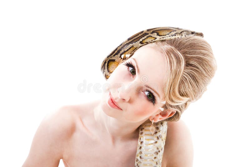 Beautiful woman holding Python on isolated white