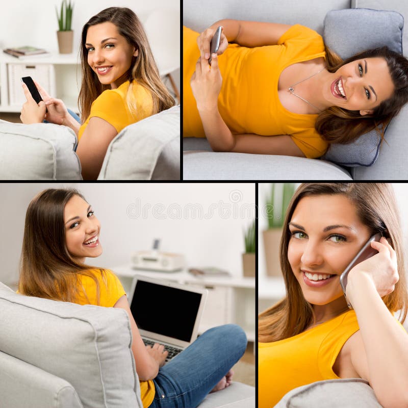 Multiple pictures of a the same woman sitting on a sofa and doing diferent activities. Multiple pictures of a the same woman sitting on a sofa and doing diferent activities