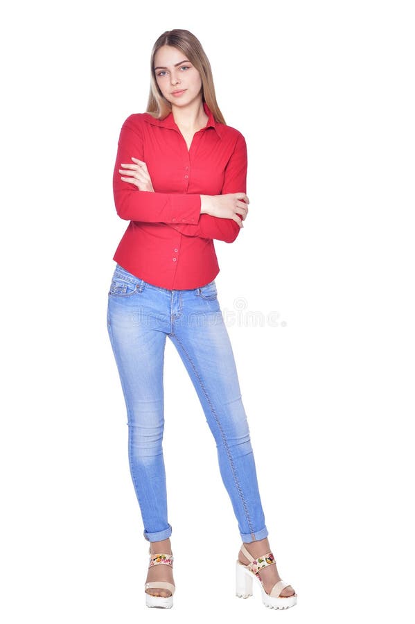 Beautiful Woman in Jeans Posing Isolated on White Background Stock ...