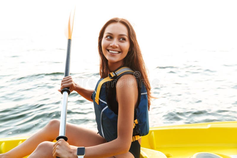 Beautiful Woman Kayaking on Lake Sea in Boat. Stock Photo - Image of ...