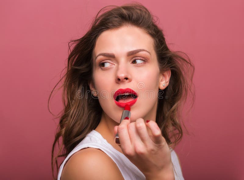 Beautiful Woman with a Lipstick Stock Image - Image of open, mouth ...