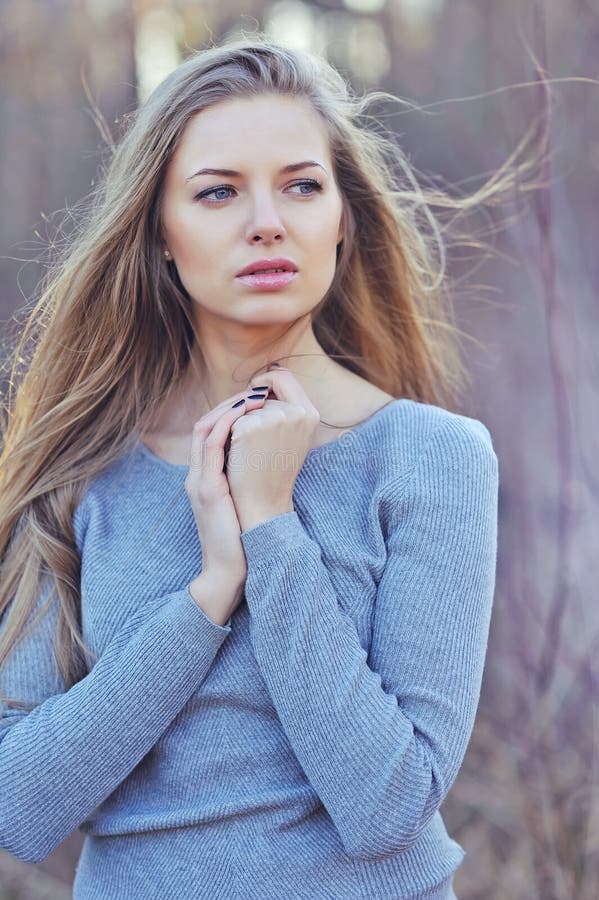 Beautiful Woman With Long Blond Hair Close Up Portrait Of A Fashion Model Posing Outdoor Stock 