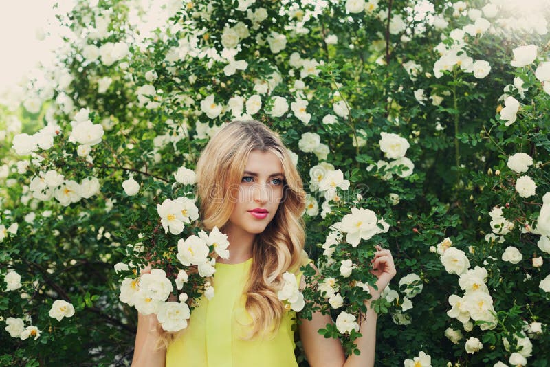 Beautiful woman with long curly hair smells white roses outdoors, closeup portrait of sensual girl face