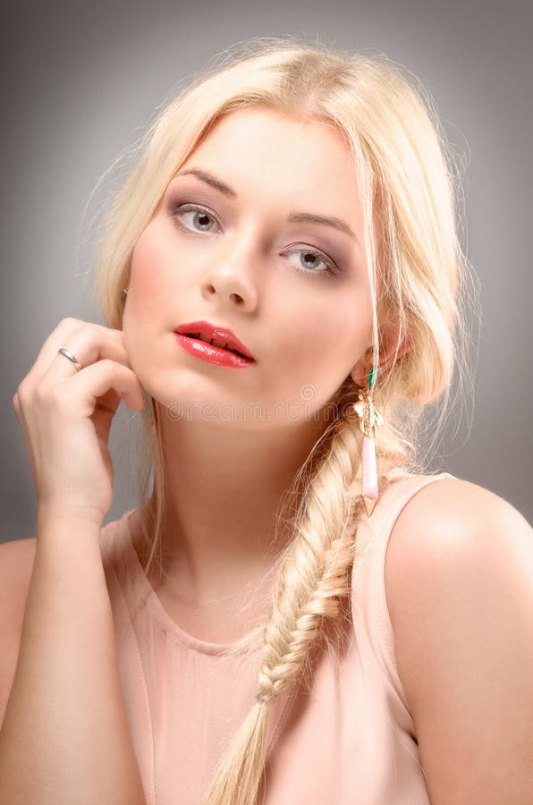 Beautiful Woman With Long Straight Blond Hair Fashion Model Stock