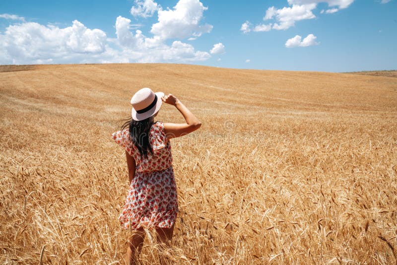 Beautiful woman is looking to the weath field with blue sky and clouds background. Farming and rural concept. stock photography Beautiful woman is looking to the weath field with blue sky and clouds background. Farming and rural concept. stock photography