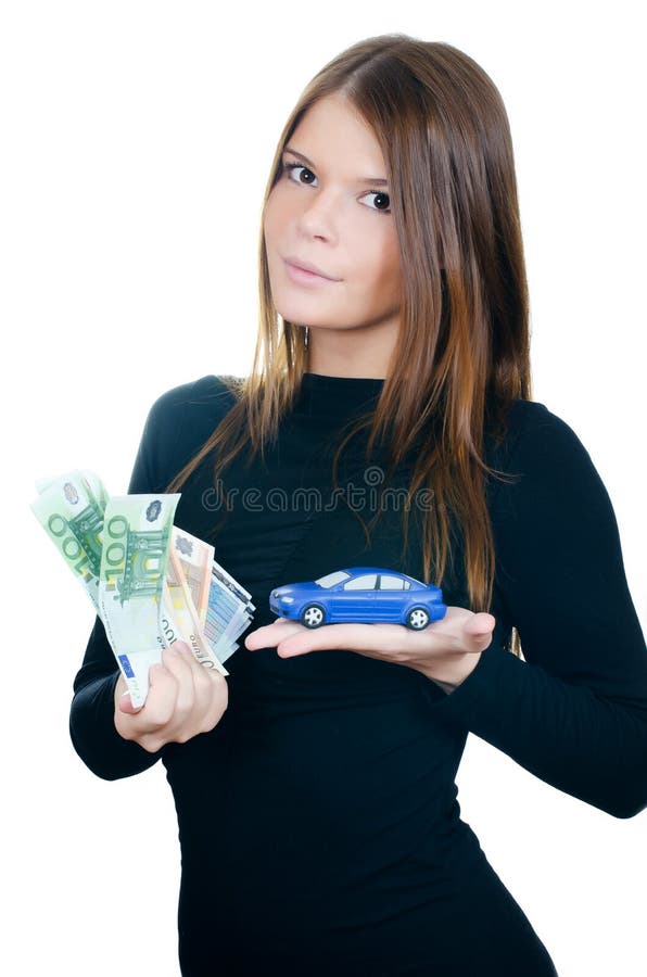 The beautiful woman with money and toy car