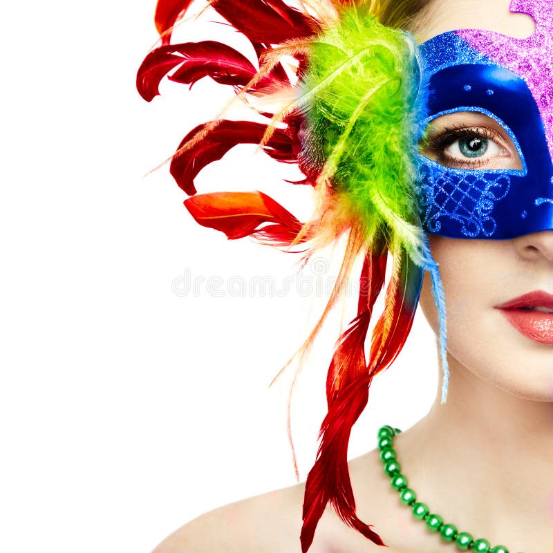 Beautiful woman in mysterious rainbow Venetian mask