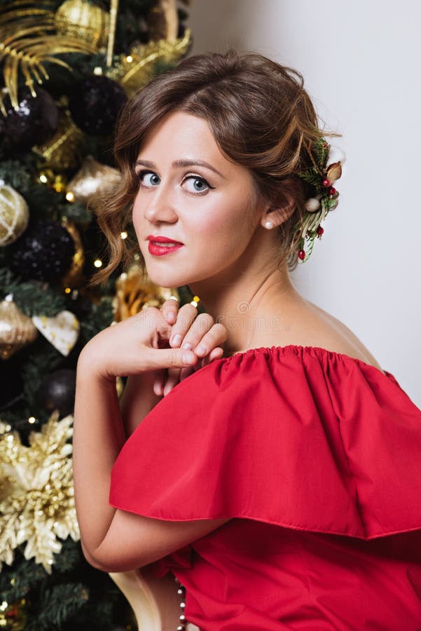 Beautiful Woman Near Christmas Tree Stock Image Image Of T Blonde