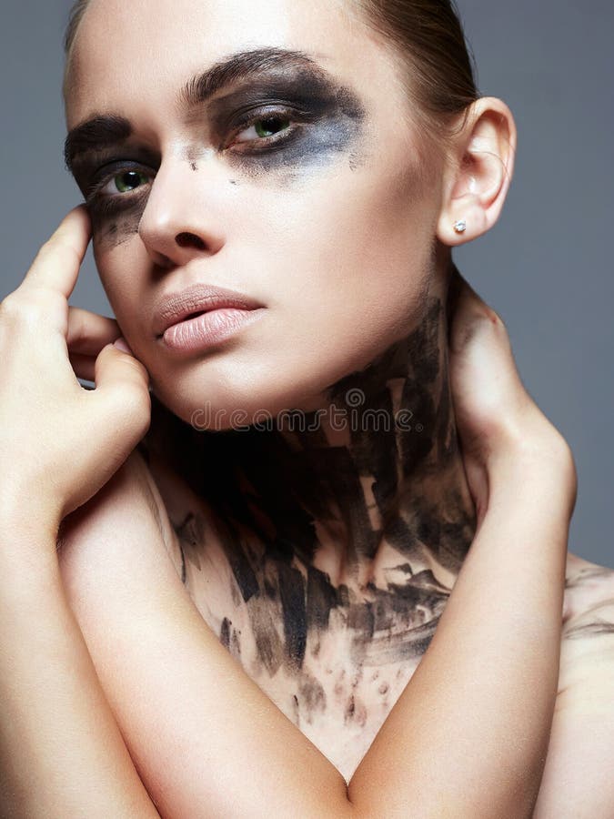 Woman with Paint Face. Halloween Style Dirty Makeup Girl Stock Image - Image of painting, female: 140544511