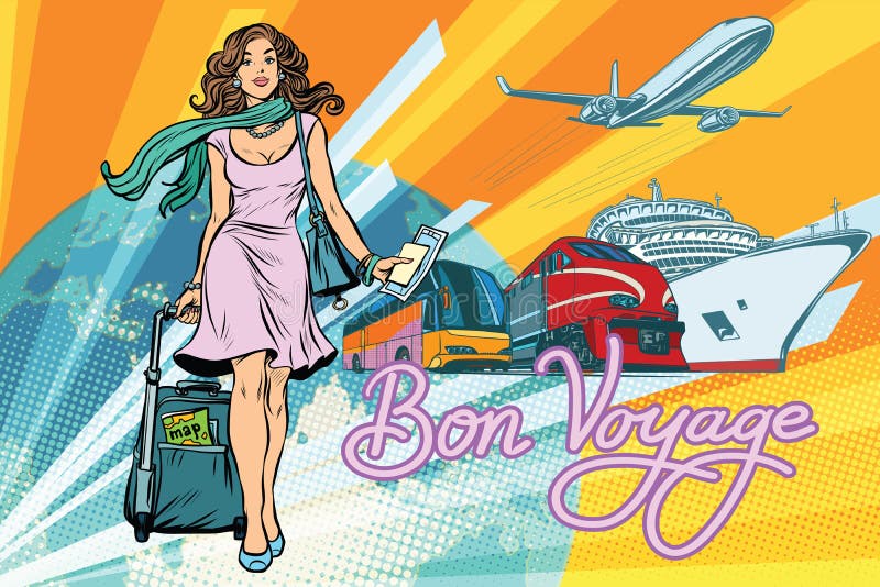 Beautiful woman passenger tourist bus train cruise ship and plane. Pop art retro vector illustration