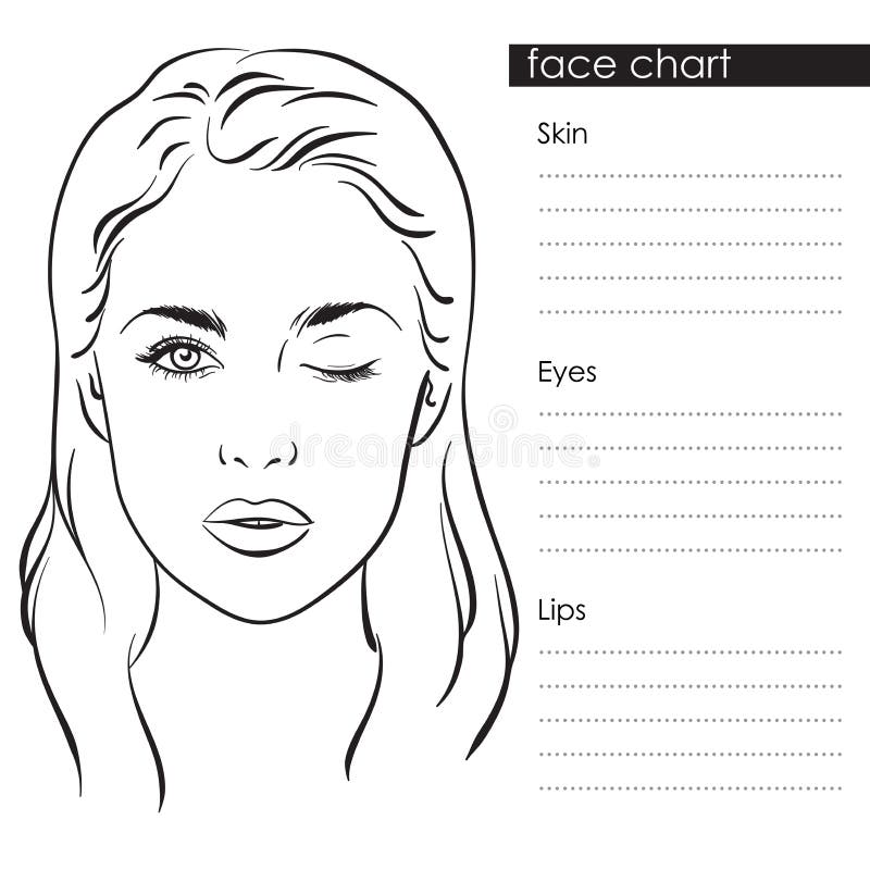 Beautiful woman portrait. Face chart Makeup Artist Blank Template. Vector illustration.