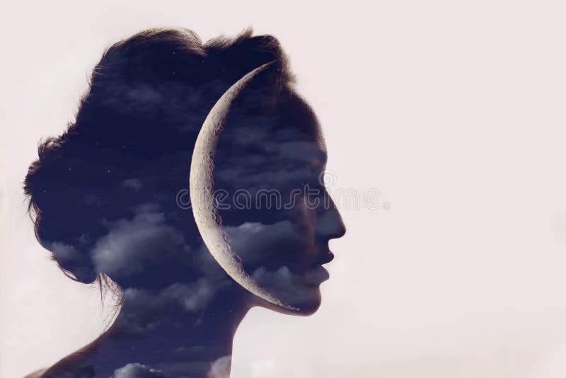 Beautiful woman profile silhouette portrait with moon in head