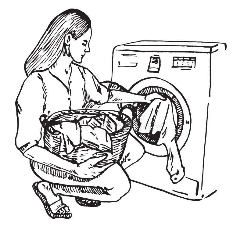 Beautiful woman put clothes from basket in washing machine, housewife everyday routine vector illustration Beautiful woman put clothes from basket in washing machine, housewife everyday routine vector illustration