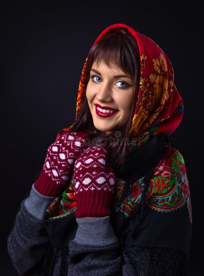 Beautiful Woman In A Red Traditional Russian Shawl Stock Image Image