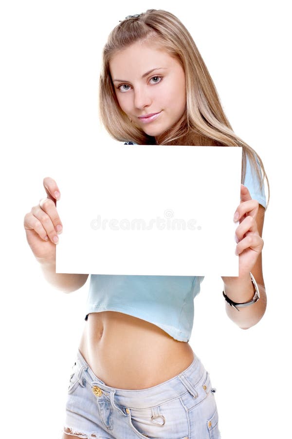 Beautiful woman shows blank piece of paper