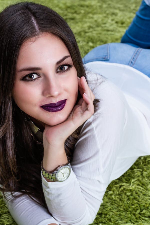 Beautiful Woman Sitting on the Floor Stock Image - Image of pale