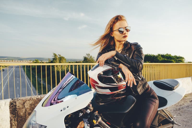 Beautiful Woman with Sunglasses Driving on Motorbike Stock Photo ...