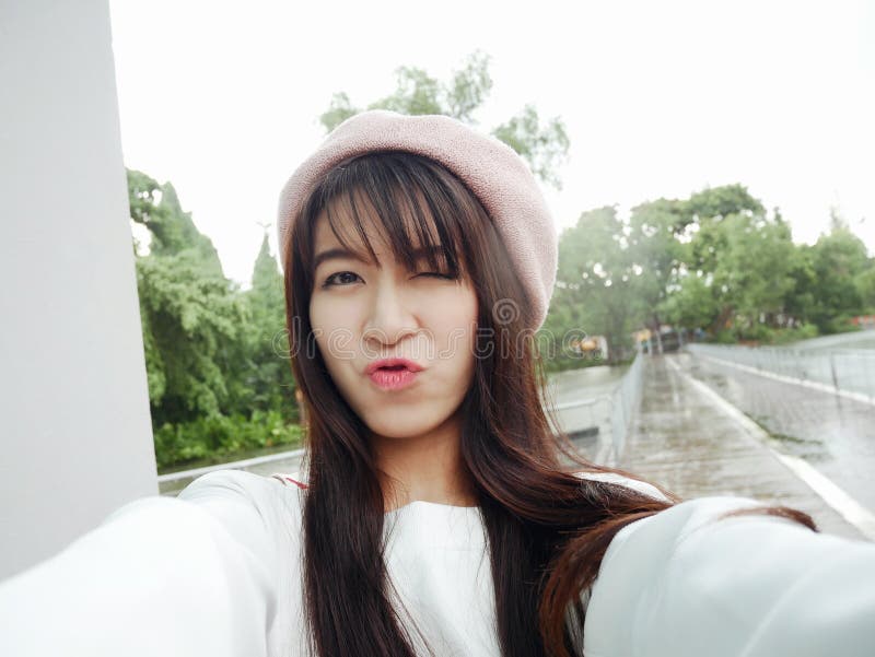 Beautiful Woman Take Photo Selfie In Public Park. Stock Image - Image