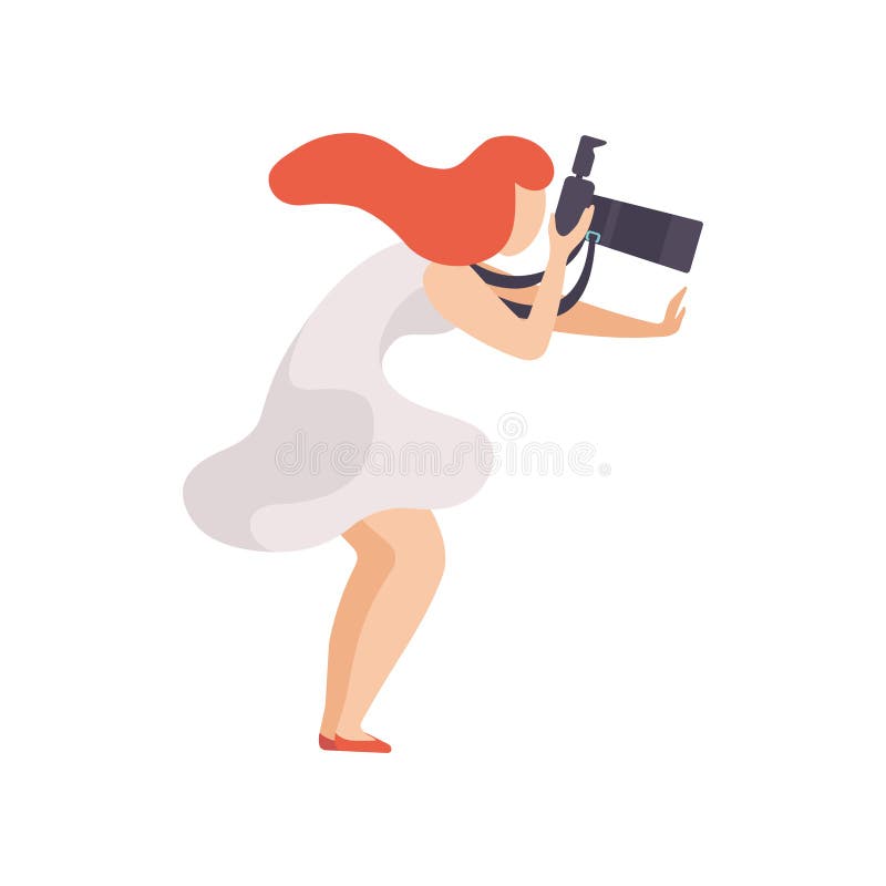 Beautiful Woman Taking Photo with Sir Camera, Female Photographer Character Vector Illustration stock illustration Beautiful Woman Taking Photo with Sir Camera, Female Photographer Character Vector Illustration stock illustration