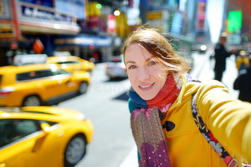 Beautiful Woman Taking a Selfie on Times Square Stock Photo - Image of ...