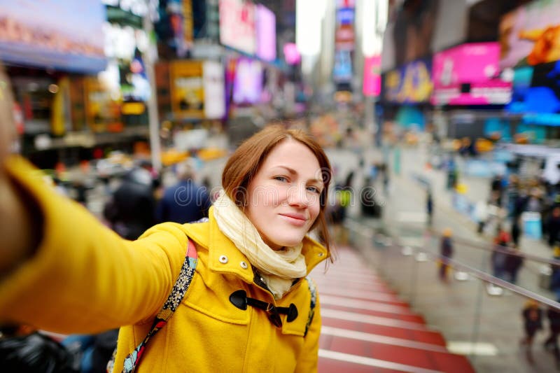 Beautiful Woman Taking a Selfie on Times Square Stock Image - Image of ...