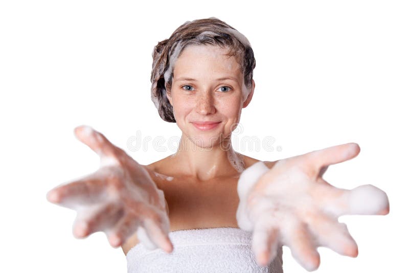 Beautiful woman taking a shower and shampooing her hair. washing hair with Shampoo.