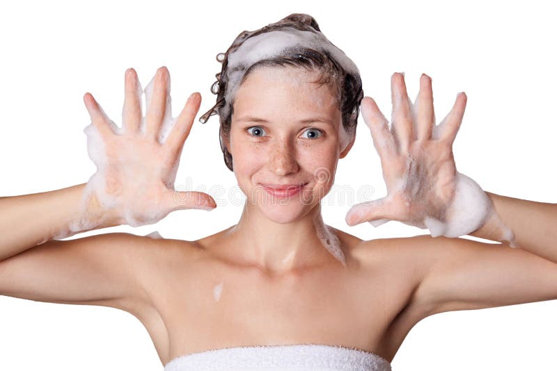 Beautiful woman taking a shower and shampooing her hair. washing hair with Shampoo.