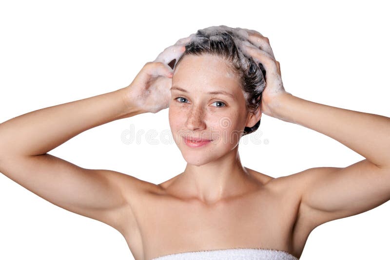 Beautiful woman taking a shower and shampooing her hair. washing hair with Shampoo.