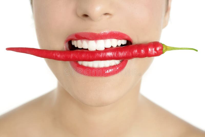 Beautiful Woman Teeth Eating Red Pepper Stock Photo Image of mouth