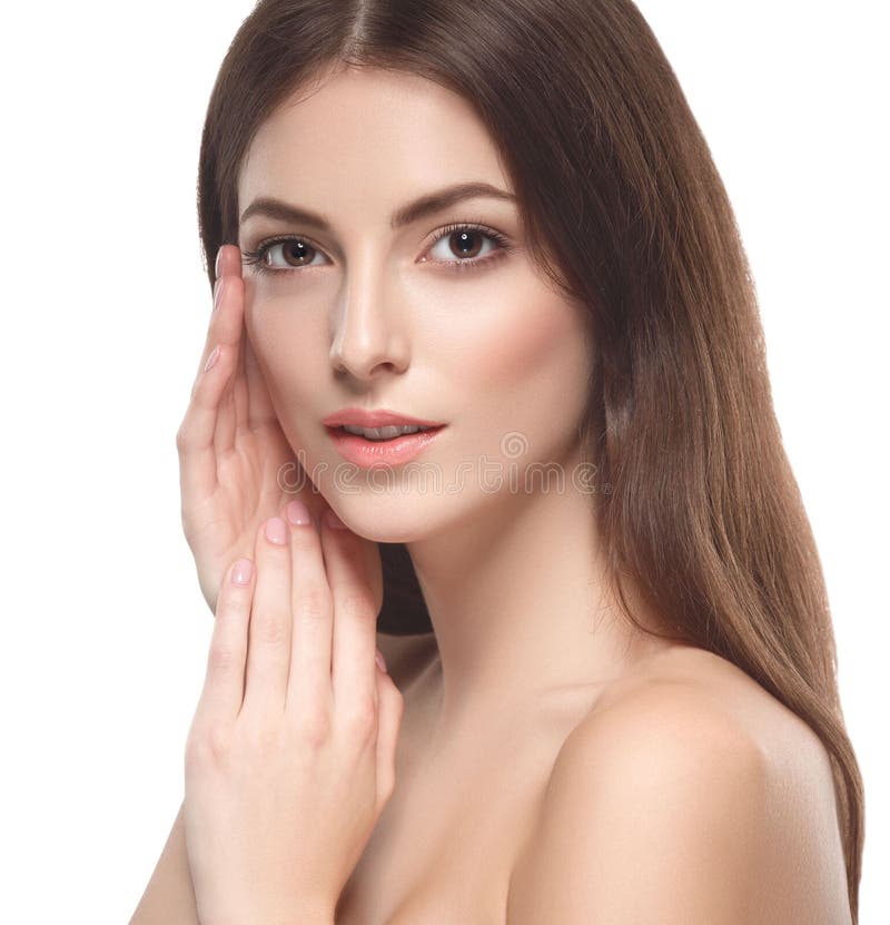 Beautiful woman touching her face by palms close up portrait isolated on white stock images Beautiful woman touching her face by palms close up portrait isolated on white stock images
