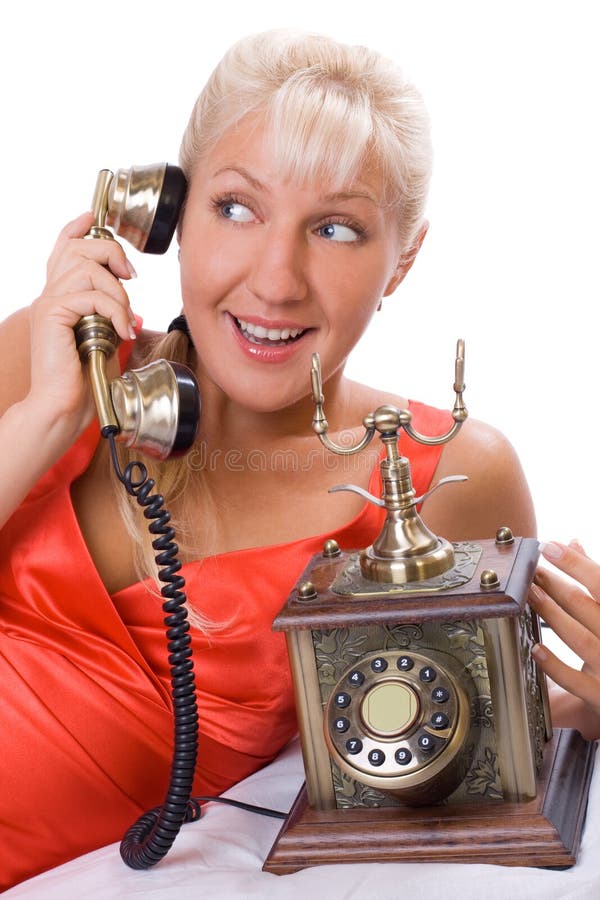 Beautiful woman using vintage phone. 3