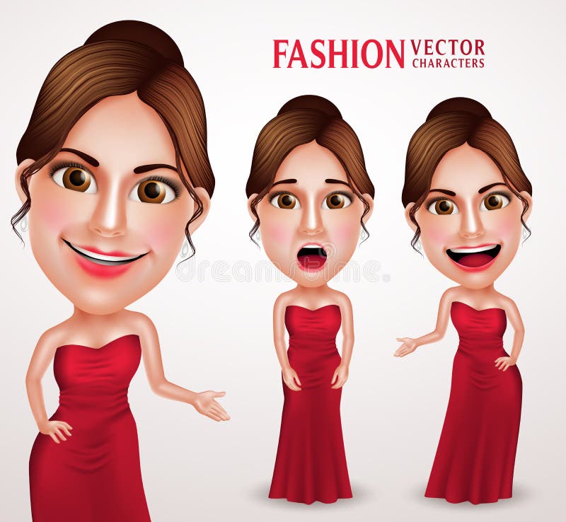 Beautiful Woman Vector Character Wearing Red Long Gown Dress