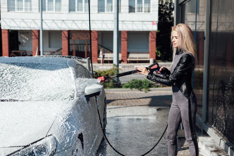 Beautiful Blonde Woman Washes Her Car At Car Wash Stock Image Image Of Lather Glamour 202081295