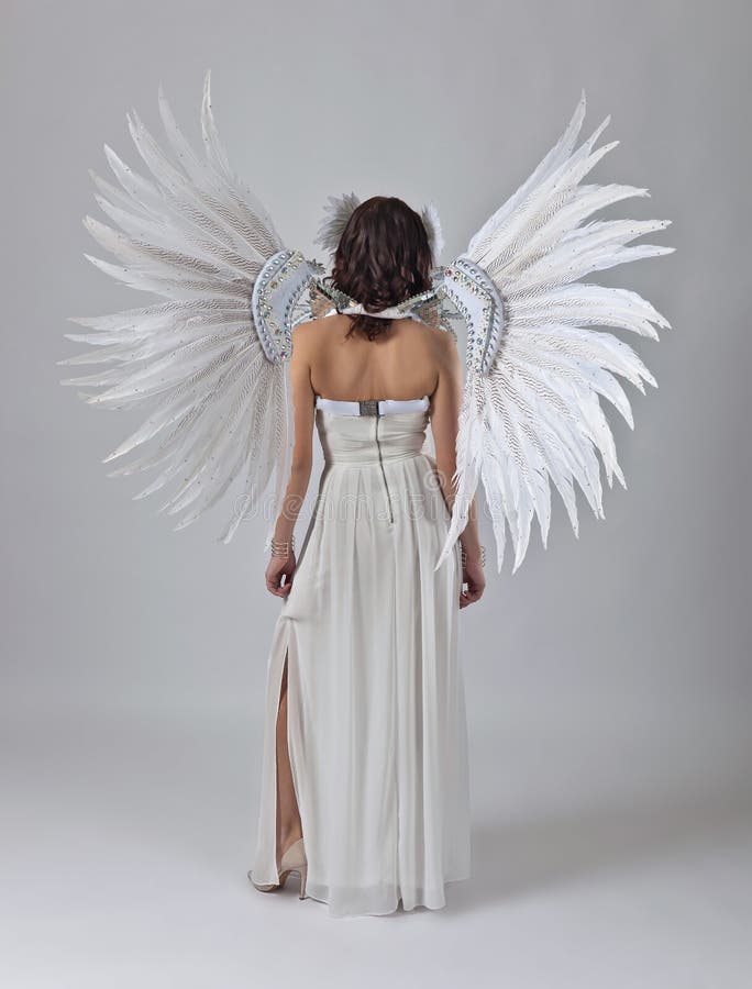 Beautiful Woman in White Dress with Angel Wings Stock Photo - Image of ...