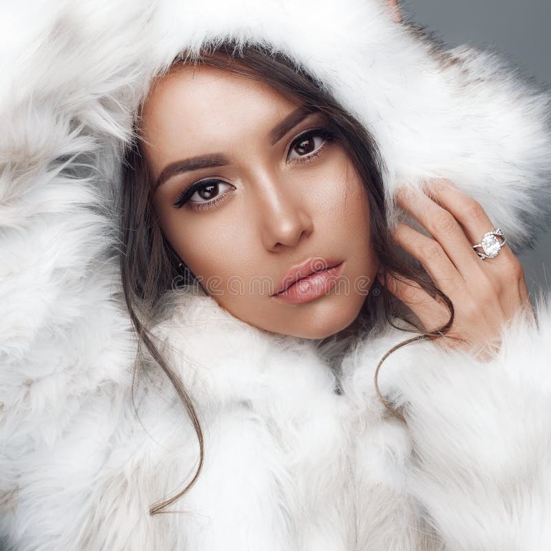 Beautiful Woman in White Fur Coat and Fur Hat Stock Image - Image of ...