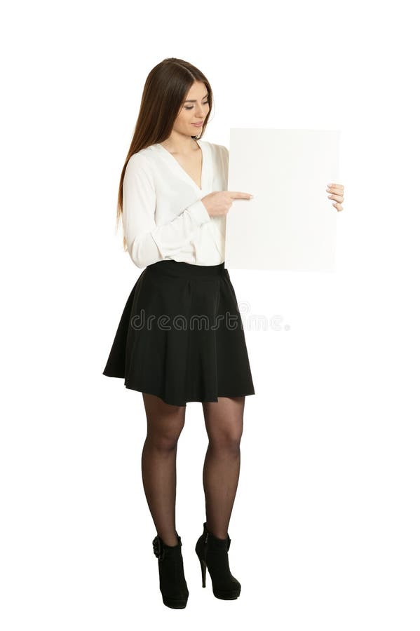 Beautiful woman and white signboard ard or copyspace for slogan or text, isolated over white background