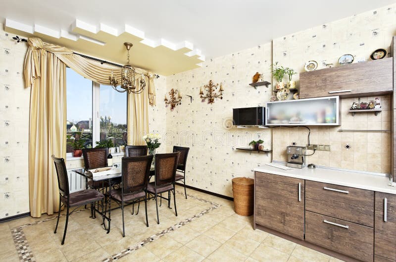 Beautiful Wooden Kitchen with Dinner Table Zone Stock Image Image of