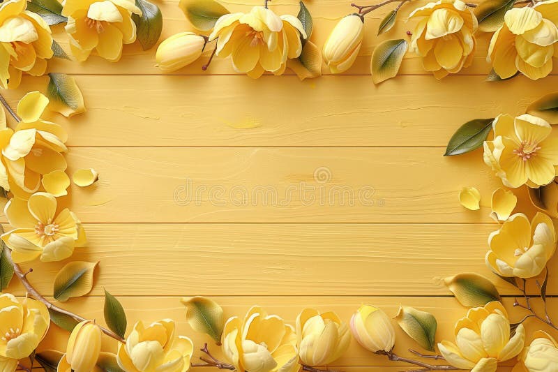 Beautiful Yellow Flower Border on Wooden Background for Spring and