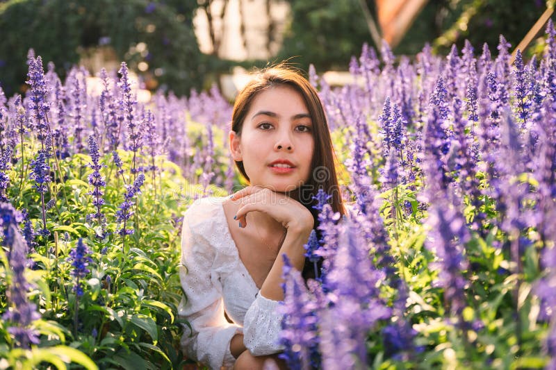 Young Asian Woman in White Dress Enjoying in Lavender Field on Sunny ...