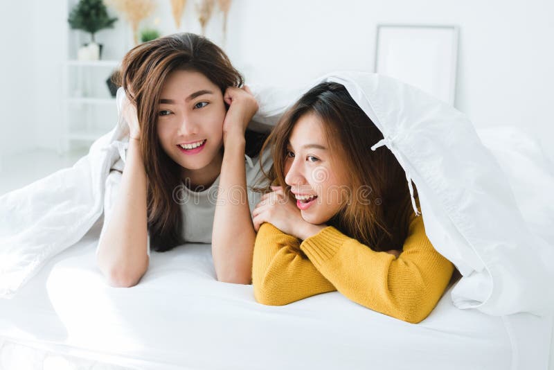 Beautiful Young Asian Women Lgbt Lesbian Happy Couple Showing Surprise